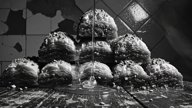 Black and white close up of syrup pouring over a pyramid of baklava pastries on a wooden surface