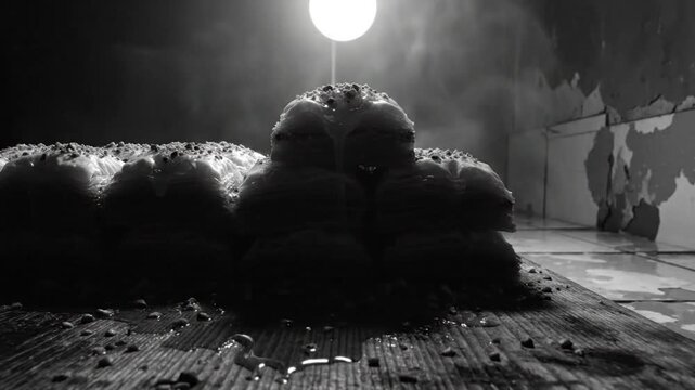Black and white close up of baklava with honey pouring and nuts, artistic dessert with food styling