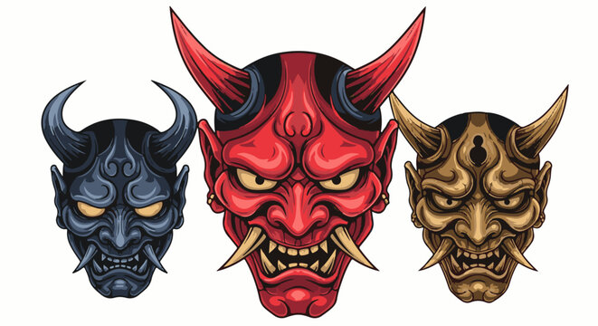 Three demon masks with horns, fangs, and glowing eyes on white background