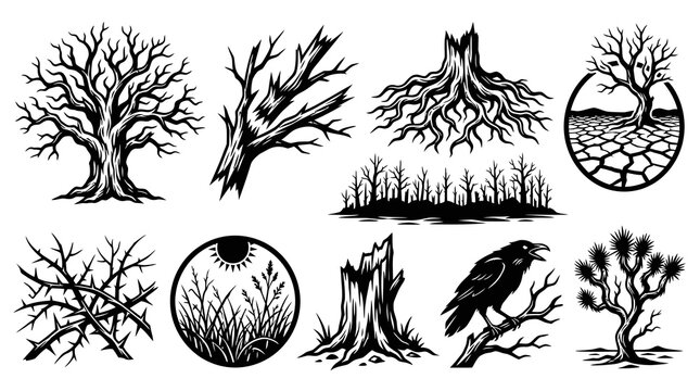 Arid Desert Wilderness Landscape and Joshua Tree Silhouette Vector Set