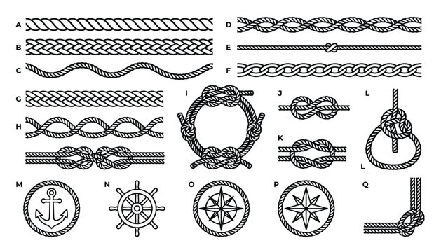 Nautical rope knot and symbol set with anchor ship wheel and compass on transparent background vector illustration.