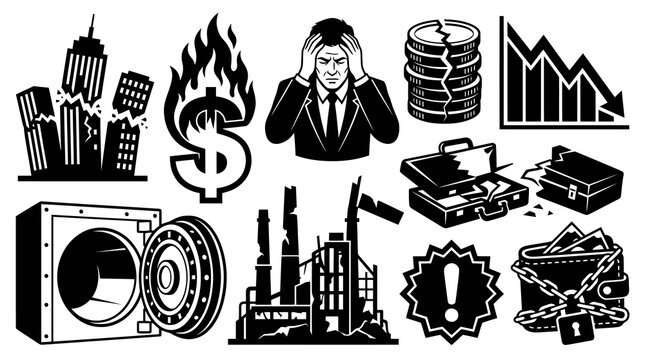 Corporate Bankruptcy Market Collapse and Financial Crisis Icons Set
