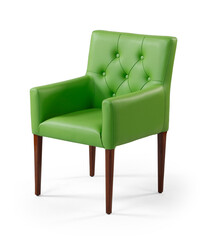 Obraz premium Elegant lime green leather armchair with a classic tufted button backrest and dark wooden legs, isolated on a white background.