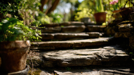 Fototapeta premium Rustic stone garden steps leading through lush greenery in warm sunlight creating natural outdoor product display background