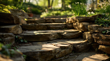 Fototapeta premium Rustic stone garden steps in lush spring landscape with warm sunlight creating natural outdoor product display scene