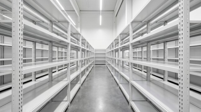 A long aisle in a warehouse with empty shelves on both sides leads to a bright background.