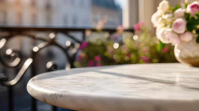 Elegant marble bistro table with empty surface in romantic parisian setting illuminated by warm morning sunlight