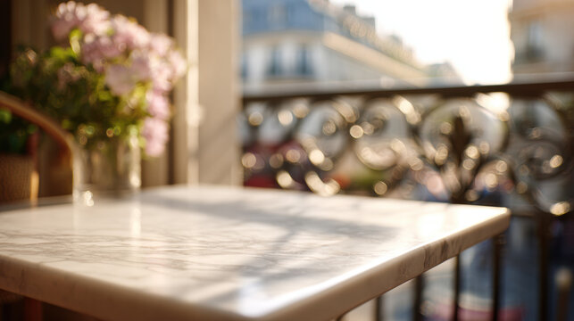 Elegant marble bistro table with empty surface in romantic parisian setting illuminated by warm morning sunlight