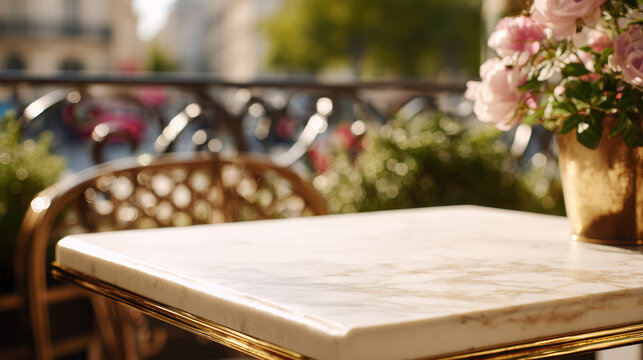 Elegant marble bistro table with empty surface in romantic parisian setting illuminated by warm morning sunlight