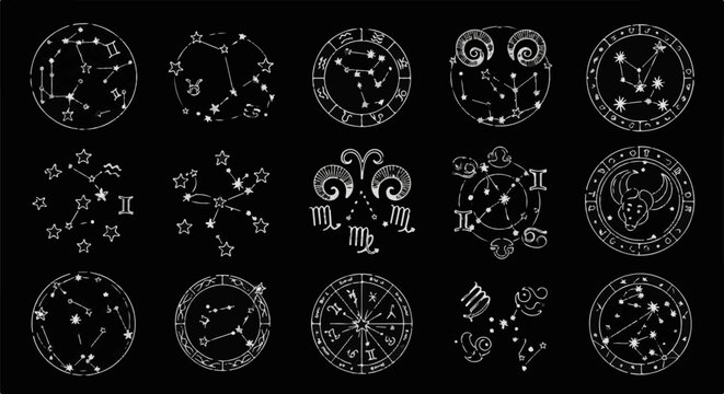 Diverse astrological constellation symbols and zodiac signs, artistic linework