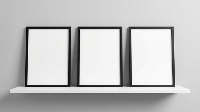 Three empty black picture frames on a white shelf against a gray wall interior