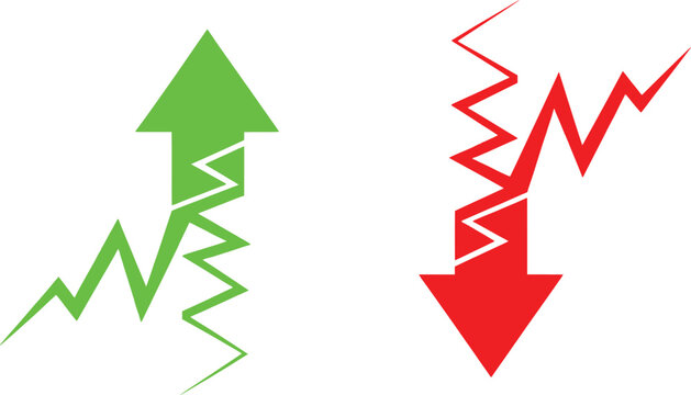 Green up arrow and red down arrow with zigzag lines showing financial growth and market decline