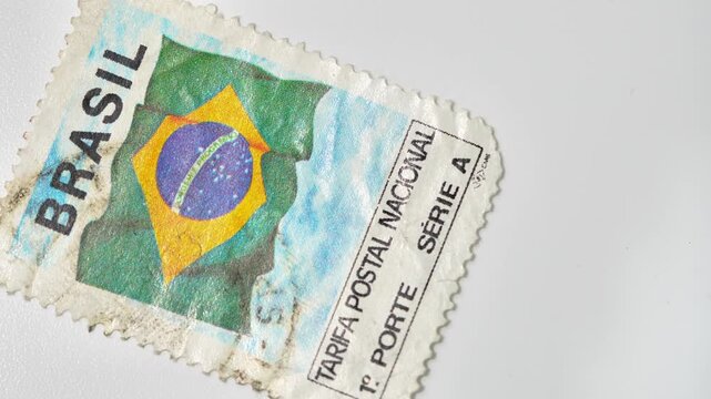 Vintage Brazilian Philately: Waving Flag Postal Stamp Macro Shot