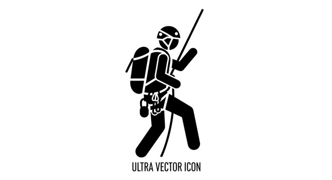 Silhouette of a climber rappelling down a rope with backpack and helmet