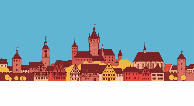 Stylized cityscape with a grand castle, church, and half-timbered buildings