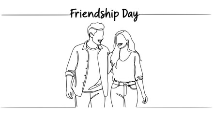 Fototapeta premium Friendship Day illustration: Couple walking together, drawn in minimalist line art style