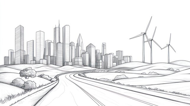 Sketch of a cityscape with wind turbines, rolling hills, and winding road in foreground