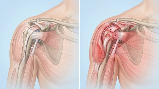 Comparison of healthy human shoulder anatomy and rotator cuff tear with inflammation and tissue damage