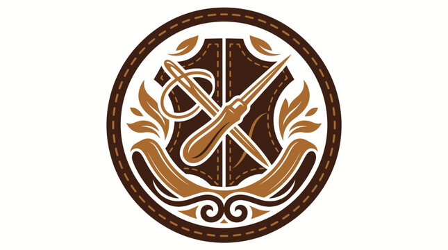 Vintage leather craft workshop emblem with awl and needle tools.