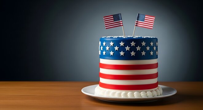 Patriotic American Flag Fondant Cake with Two Mini Flags on White Plate and Dark Blue Background