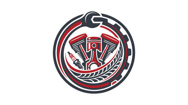 Automotive engine repair workshop logo design with piston and gear elements.