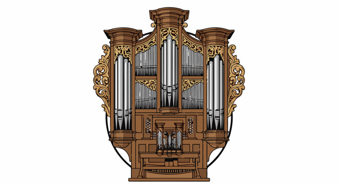 Elaborate pipe organ with ornate wooden casing and decorative metal pipes