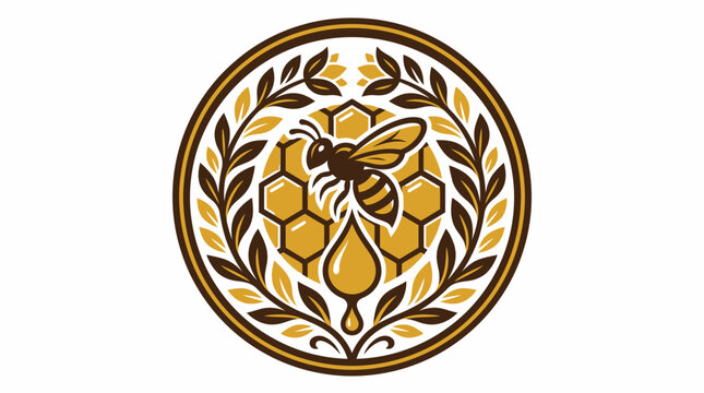 Vintage style circular emblem featuring a honey bee, honeycomb pattern, and decorative wheat stalks.