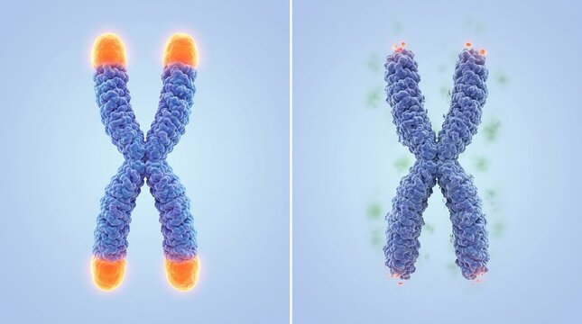 Comparison of healthy and shortened telomeres on human chromosomes showing cellular aging process in 3D medical illustration