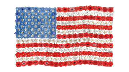 Fototapeta premium American flag illustration made of diverse summer flowers including daisies poppies roses and cornflowers on transparent background.
