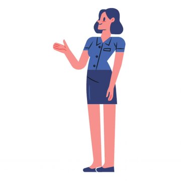 Animated cartoon female sales assistant gesturing while presenting information, representing customer service, retail support and business communication.