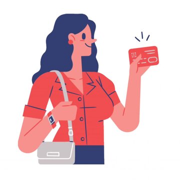 Animated cartoon woman holding a credit card and handbag, representing shopping, digital payment, consumer spending and retail purchases.