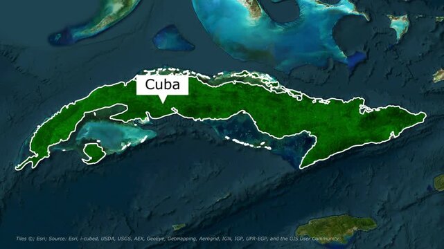 Cuba map zoom, country border animation, satellite terrain, location pin text box, focused highlight effect, Caribbean outline, blurred surroundings, infographic cartography motion