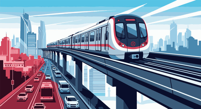 Modern city transit with elevated train and busy highway traffic