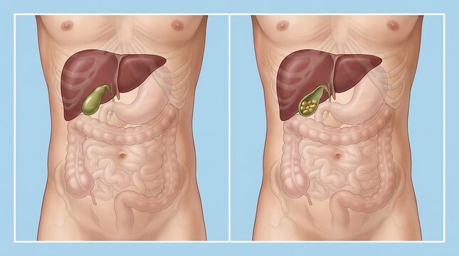 Comparison of healthy gallbladder and gallbladder with gallstones in human torso anatomy illustration