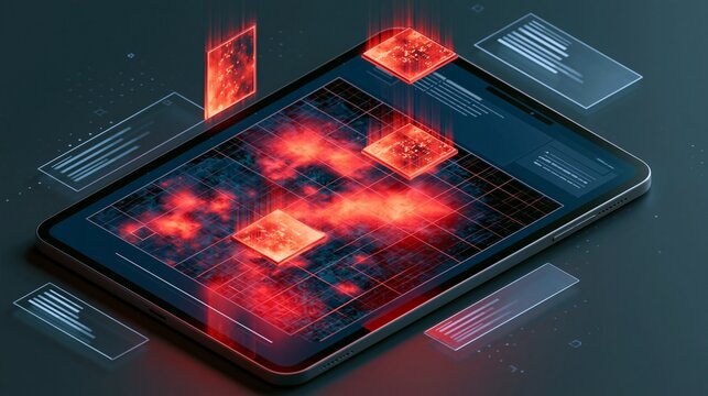 Isometric 3D tablet in angled perspective highlighting Scope 3 hotspot heatmap with luminous red areas and hovering mitigation modules surrounded by subtle gridlines and sleek