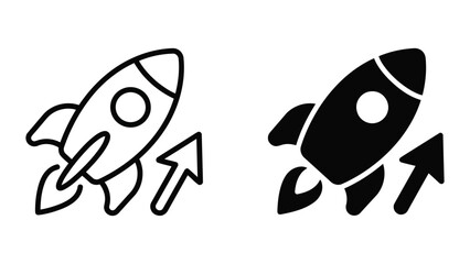 Rocket ship taking off with directional arrow icon for business growth and startup acceleration in outline and solid styles © SAIJID