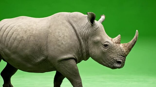 Rhinoceros, gray, walking, green background, wildlife animal