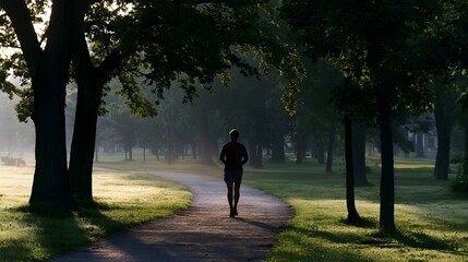 Obraz premium A person walks along a sunlit path through a green park creating a serene and reflective mood