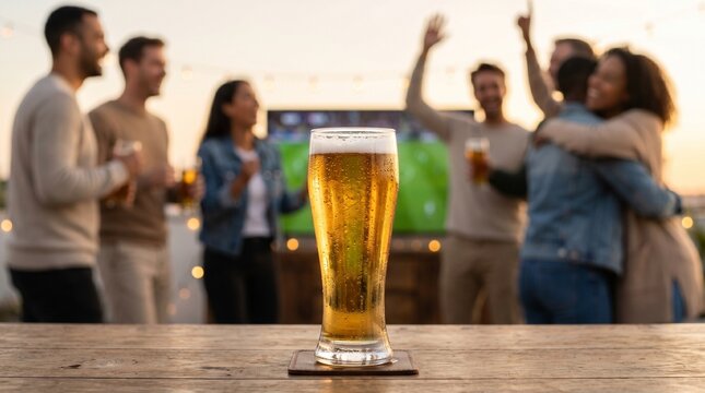 Closeup de copo de cerveja gelada durante celebra&ccedil;&atilde;o vibrante de futebol brasileiro em ambiente premium