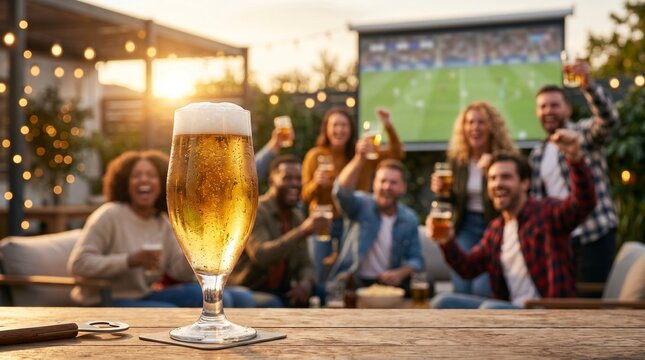 Closeup de copo de cerveja gelada durante celebra&ccedil;&atilde;o vibrante de futebol brasileiro em ambiente premium
