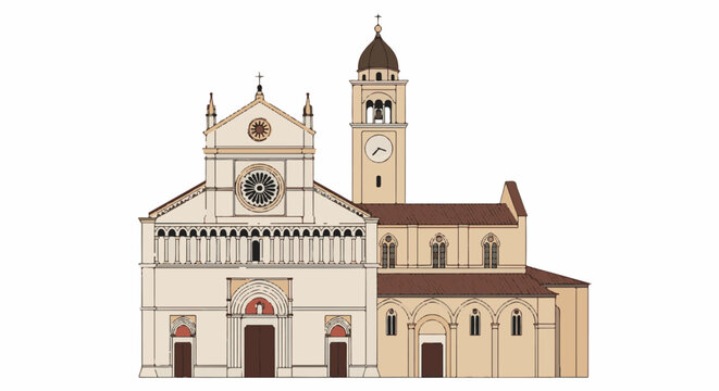A detailed vector illustration of a traditional church with a bell tower and dome
