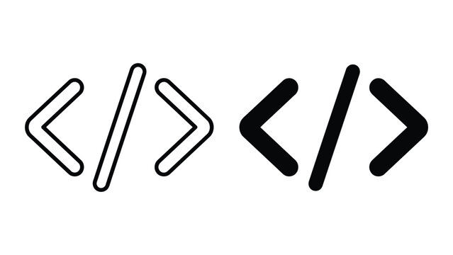 Coding angle brackets symbol set for web development and software programming in bold outline and solid black icon styles