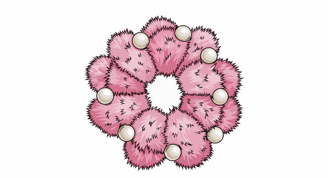 Pink fluffy scrunchie with pearl accents in a circular arrangement