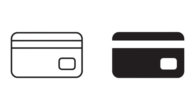 Credit card payment icon set with chip and stripe in outline and solid black graphic styles