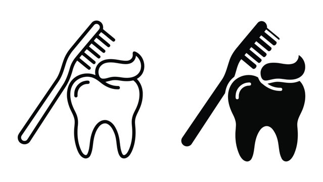 Toothbrush and toothpaste icon set with tooth graphic for dental hygiene and oral care product packaging and advertising