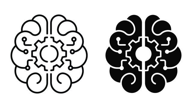 Brain gear icon set with artificial intelligence and logical thinking symbol in flat vector style for tech and innovation branding isolated on white background