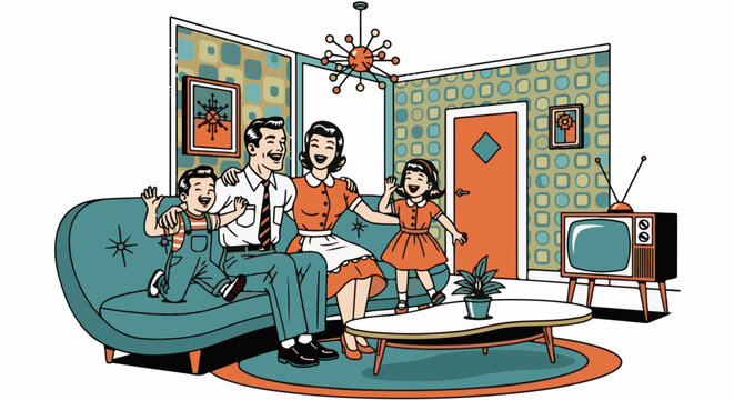 Retro family laughing on couch near vintage TV and atomic lamp