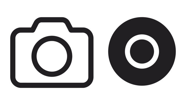 Camera lens icon and solid circular focus point symbol as professional vector UI design elements for photography and imaging applications