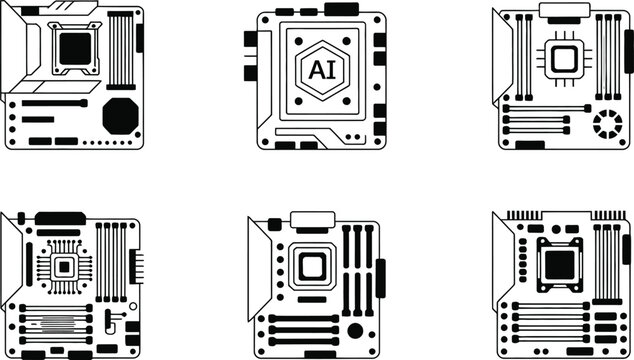 AI processor and motherboard silhouette icons vector
