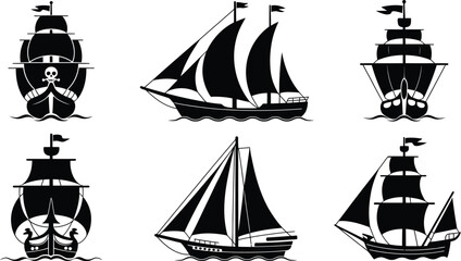 Vintage Pirate Sailing Ships Silhouette Vector Set © Ahamedpicu